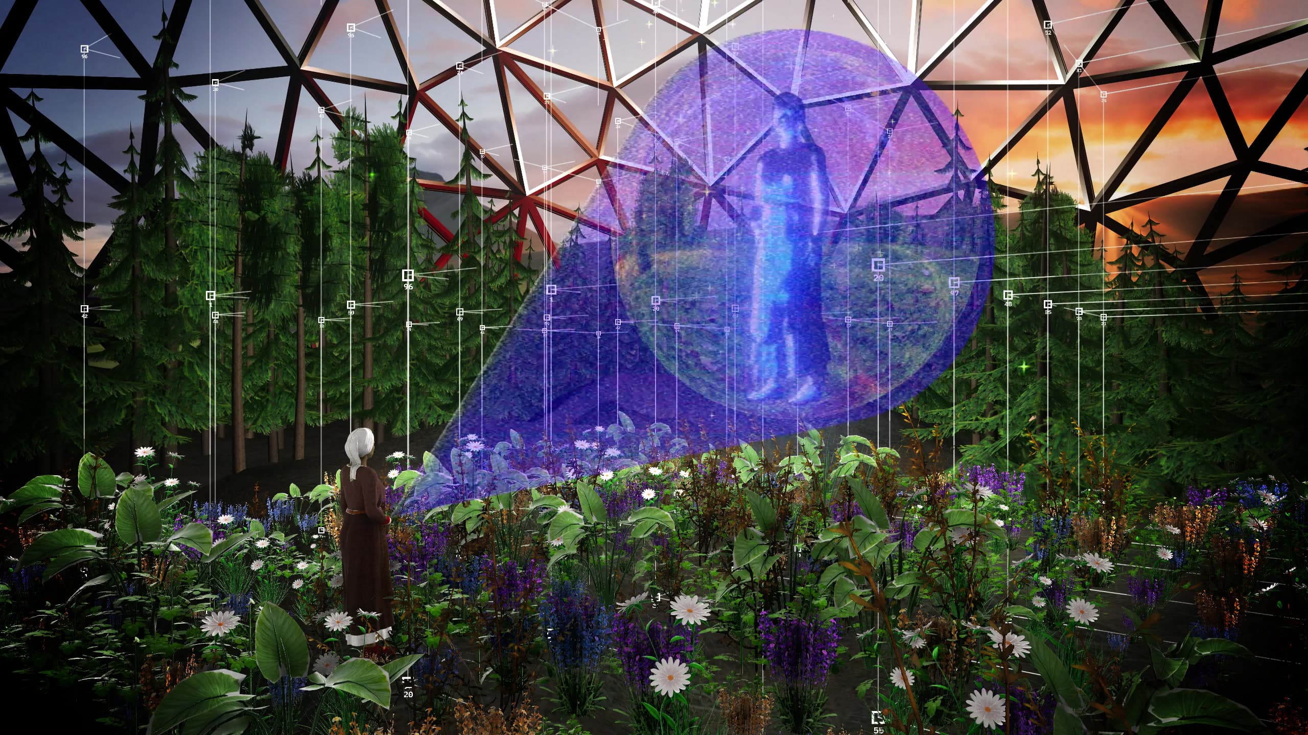 A woman in a bandana-style head covering stands in a geodesic dome greenhouse surrounded by a vibrant flower garden. She is looking up at a large blue holographic sphere containing a larger-than-life woman-like figure. Digital measurement grid lines overlay the scene, and in the background a sunset is visible through the dome.