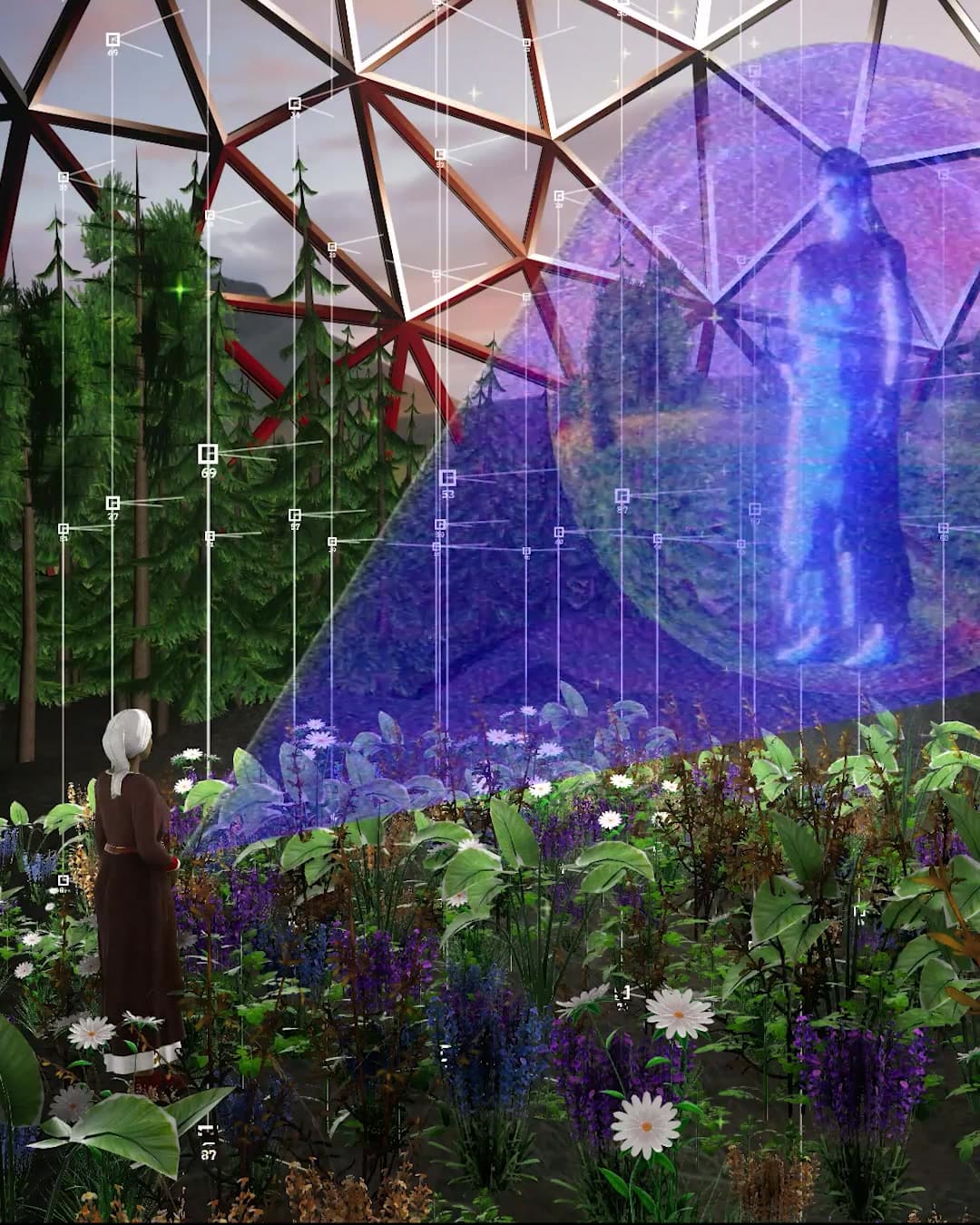 A woman in a bandana-style head covering stands in a geodesic dome greenhouse surrounded by a vibrant flower garden. She is looking up at a large blue holographic sphere containing a larger-than-life woman-like figure. Digital measurement grid lines overlay the scene, and in the background a sunset is visible through the dome.