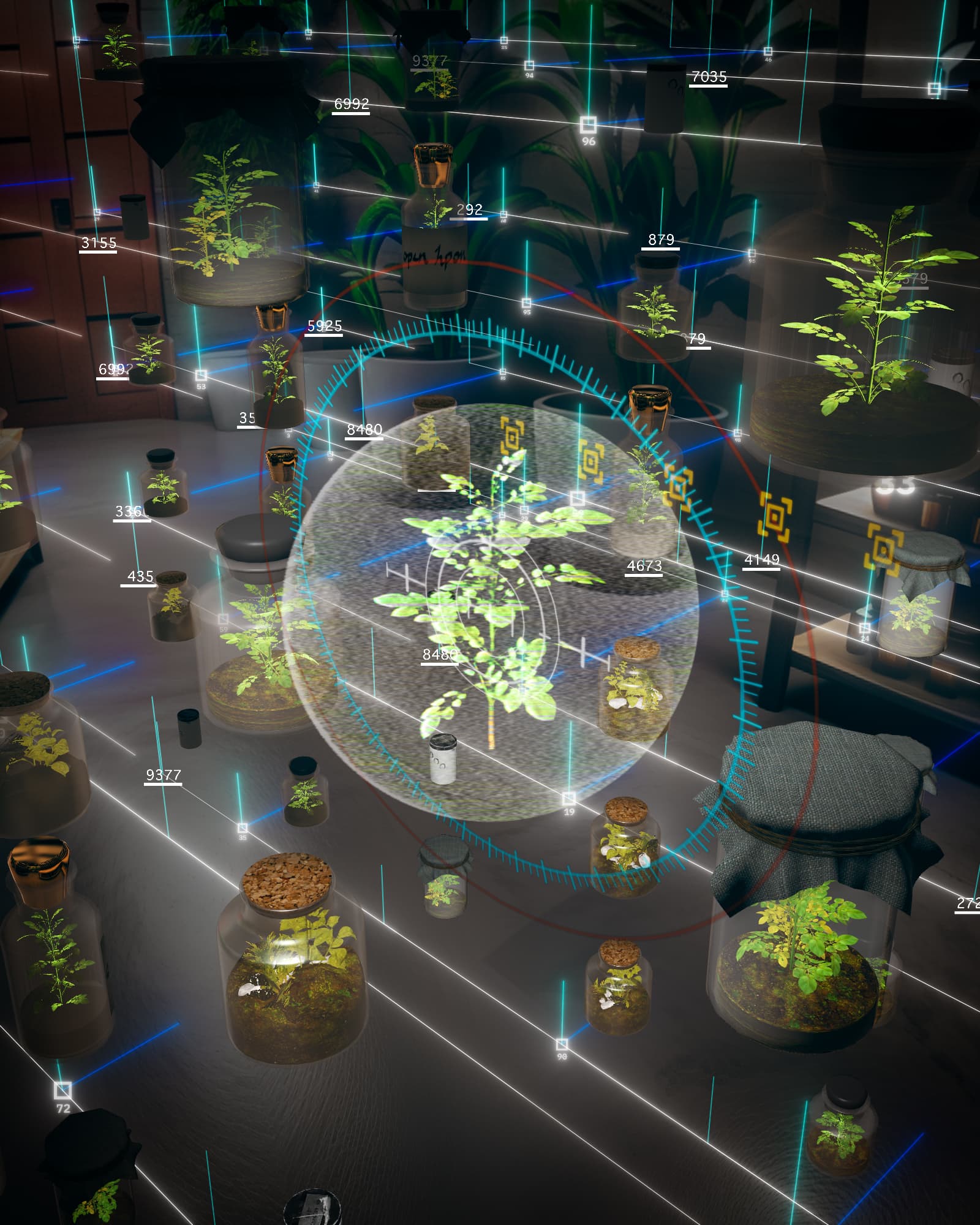 An augmented reality-style visualization of multiple plant specimens in jars and containers. Small seedlings and plants are displayed with digital overlays showing numerical data points and measurement lines. A central plant is highlighted within a clear orb surrounded by indicators of metrics that describe its size and qualities.