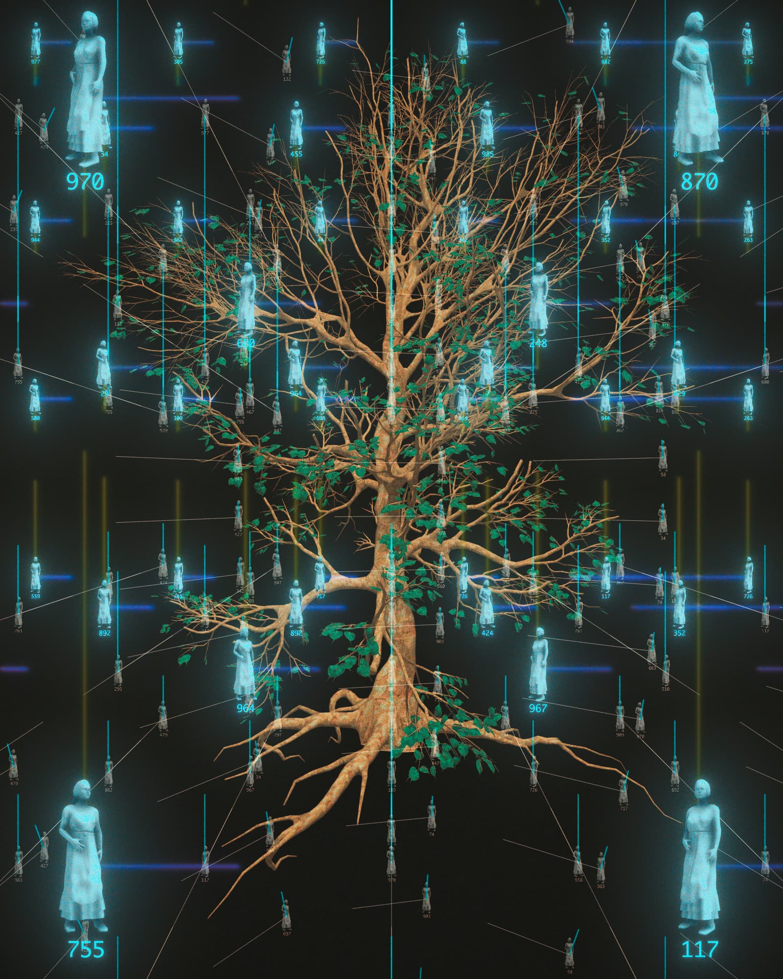 A digital rendering of a large tree with exposed roots floating against a dark background. Surrounding the tree are holographic figures in traditional dresses with numbers beneath their feet. Cyan grid lines and measurement markers throughout the image create a sense of depth and structure.