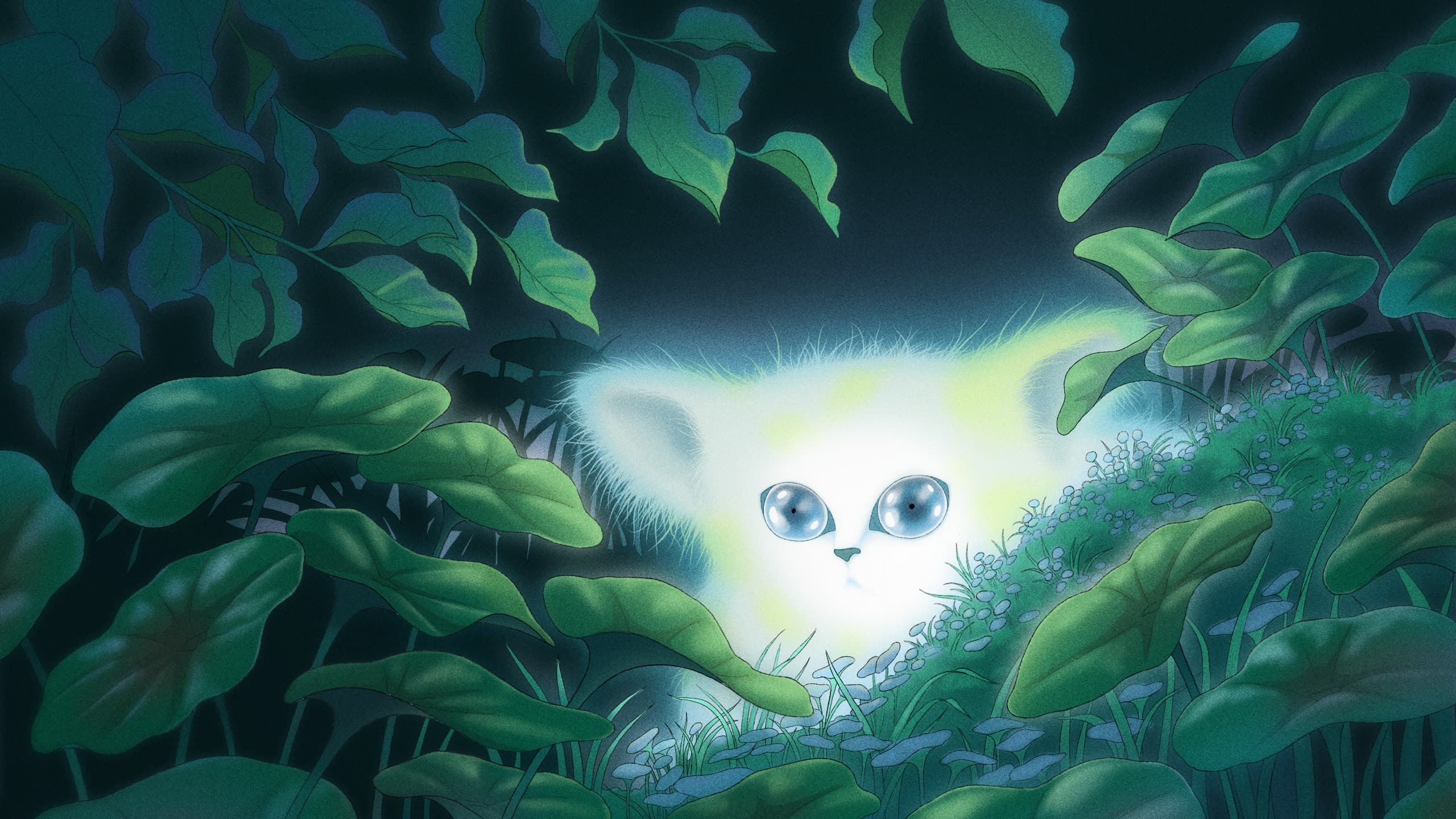 A moody, ethereal illustration of a furry, glowing white creature with cat-like ears and large blue eyes peering through lush green foliage.