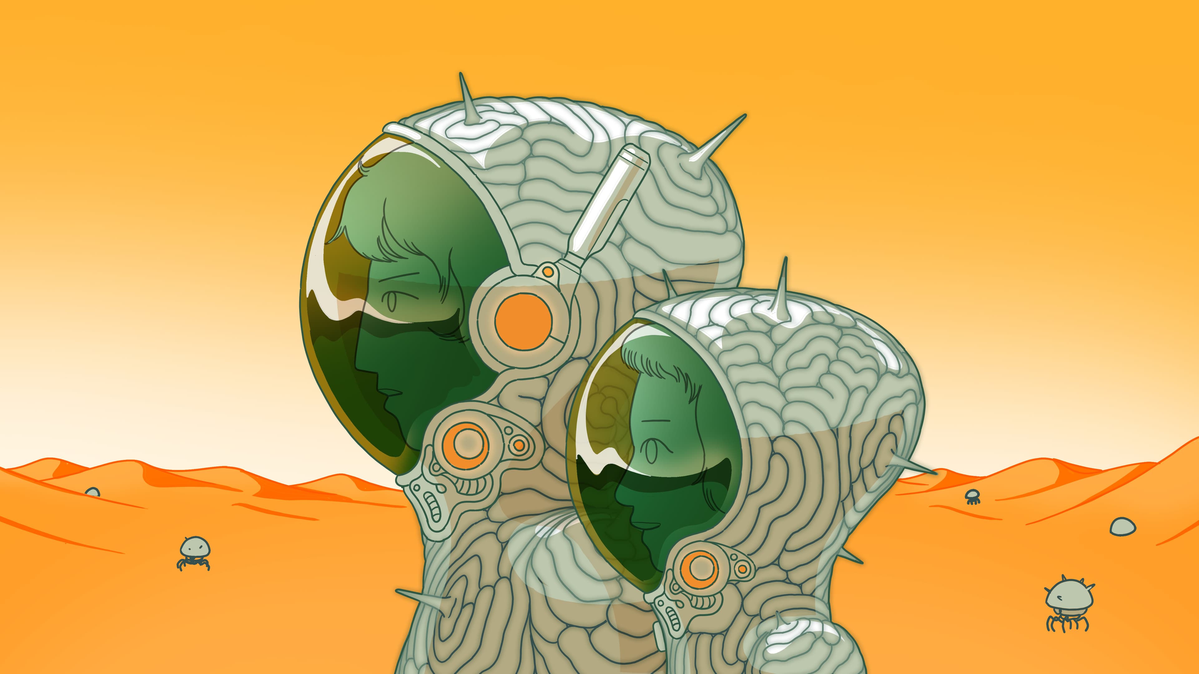 An illustration of two figures–one smaller, one larger–in profile against an orange desert backdrop. They are wearing climate-controlled suits with transparent helmets covering their faces, which are visible through their glass visors. In the background there are small, grey bug-like robots on the surface of the sand.