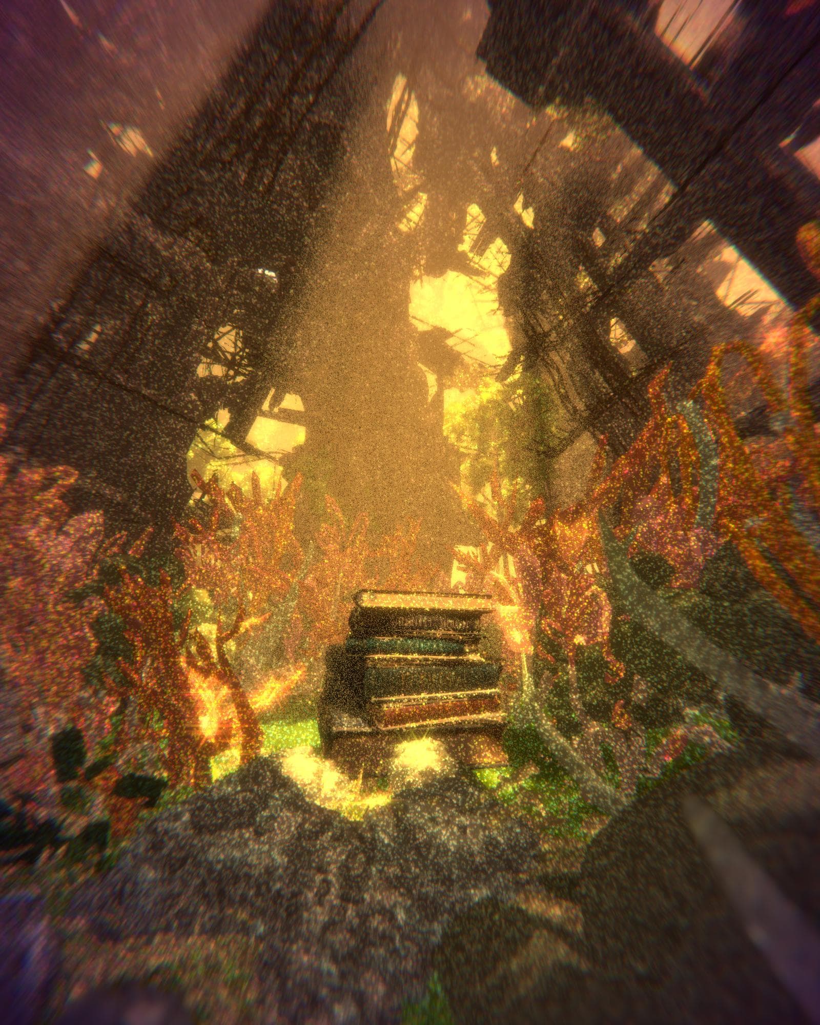 A stack of books sits amidst the overgrown ruins of a rugged, man-made structure. Light pours from above, illuminating dark greens, rusty reds, and browns. The image is grainy and flickers as if underwater.