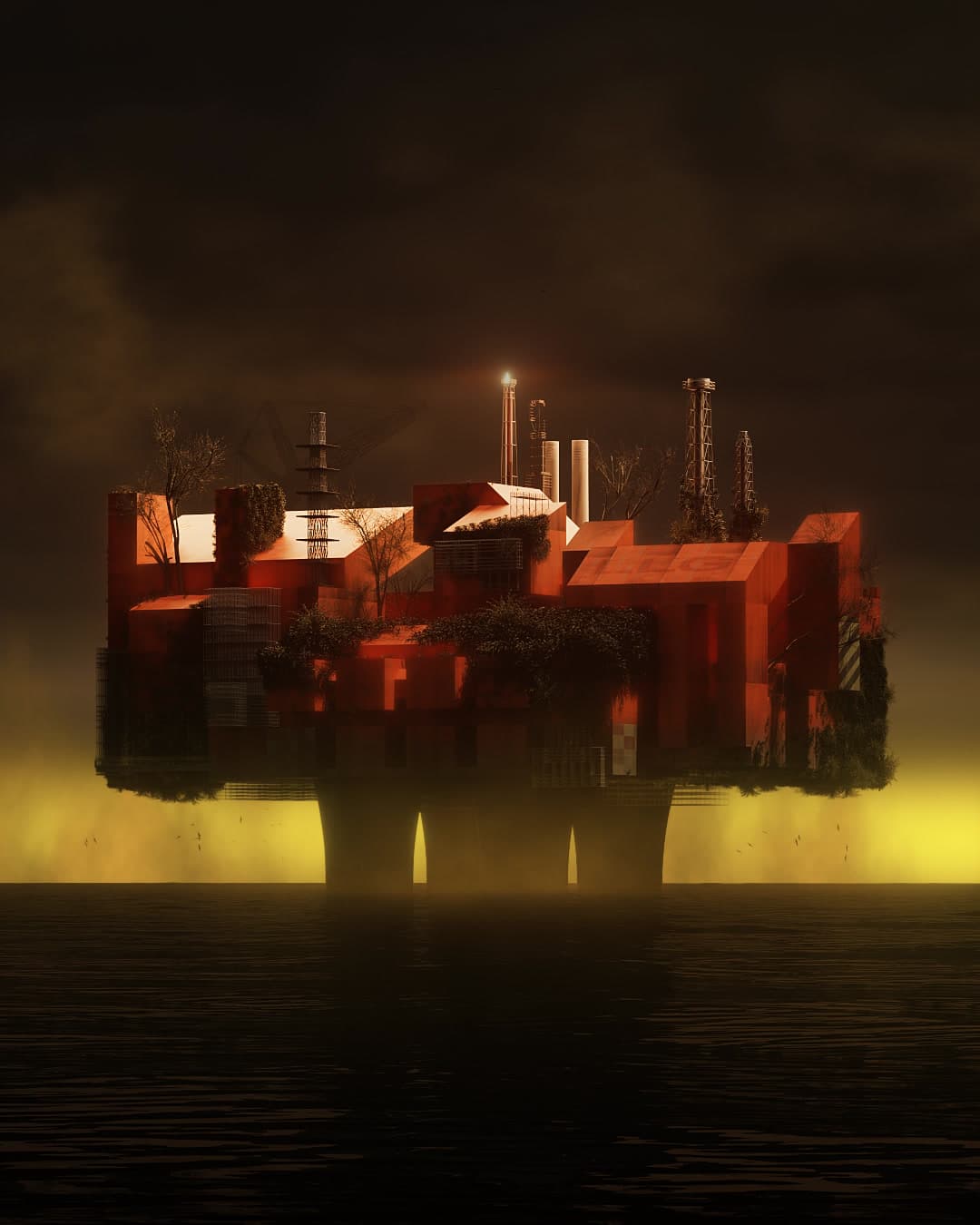 An umber-cast, CG rendering of a geometric converted offshore oil rig-turned housing facility standing in dark water against a yellow sky. Smoke stacks and rigging jut above the housing structures. One smokestack has a flame on the top. Scrawny trees with few leaves poke up between buildings. More dense shrubbery surfaces the roofs of lower-down structures. Low clouds and small birds dot the horizon.