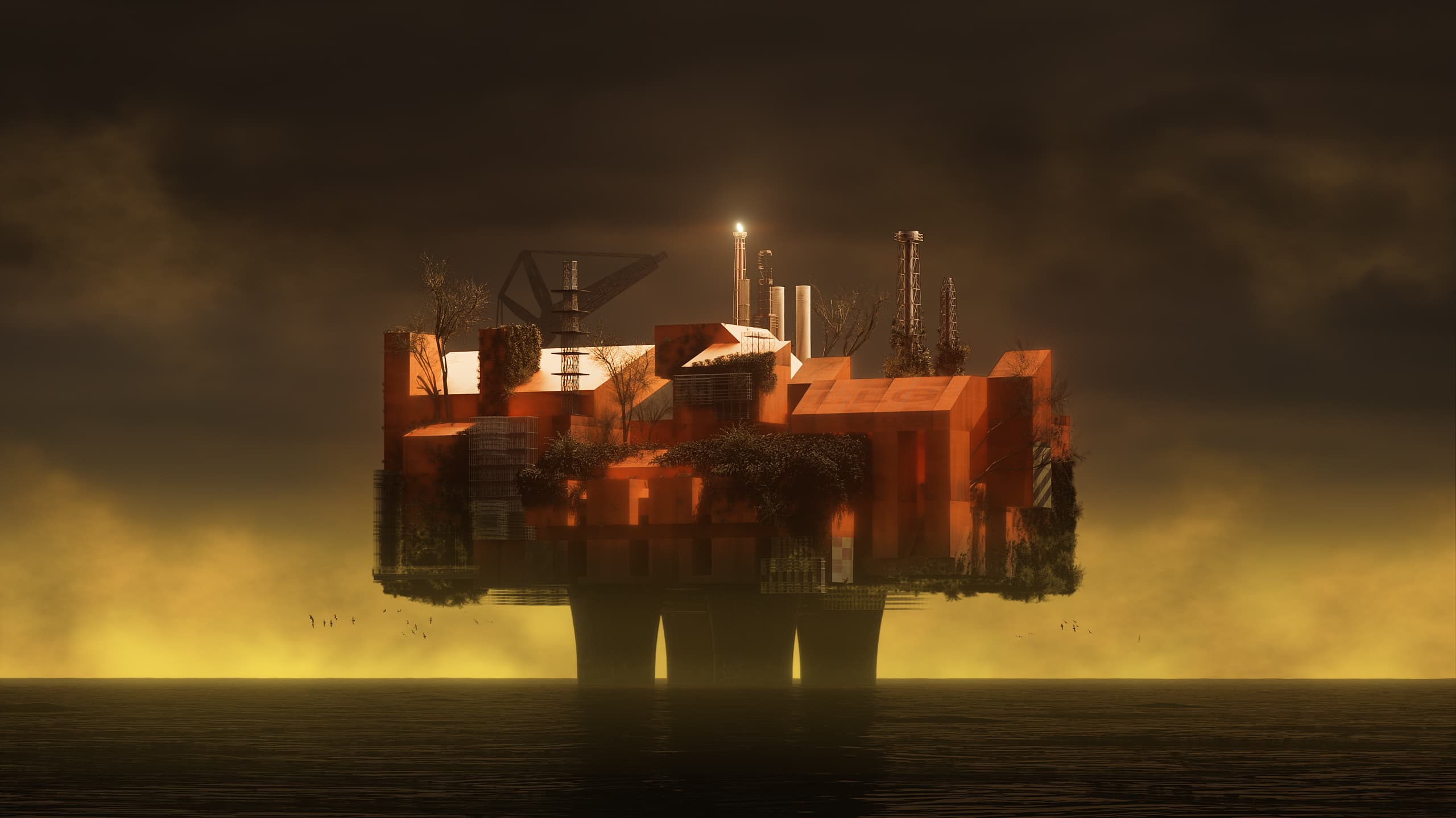 An umber-cast, CG rendering of a geometric converted offshore oil rig-turned housing facility standing in dark water against a yellow sky. Smoke stacks and rigging jut above the housing structures. One smokestack has a flame on the top. Scrawny trees with few leaves poke up between buildings. More dense shrubbery surfaces the roofs of lower-down structures. Low clouds and small birds dot the horizon.