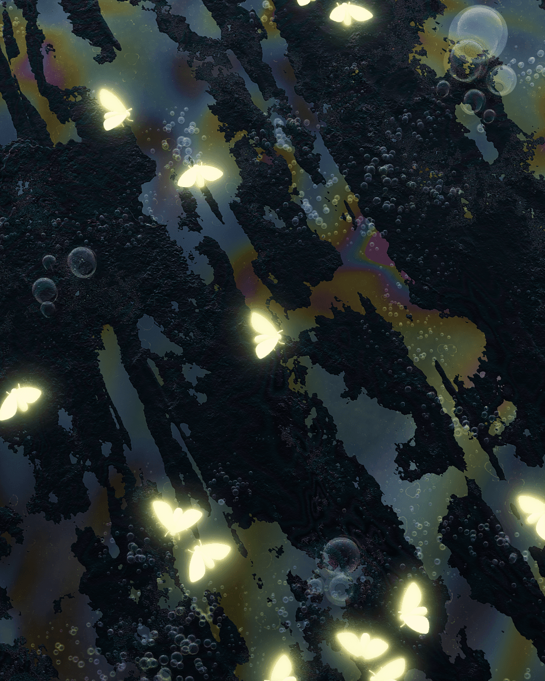 A top-down CG image featuring many bright yellow moths dotting black oil that spills across the surface of water. Small bubbles are visible in the black liquid. The surface of the water reflects blue and green, with subtle ripples.