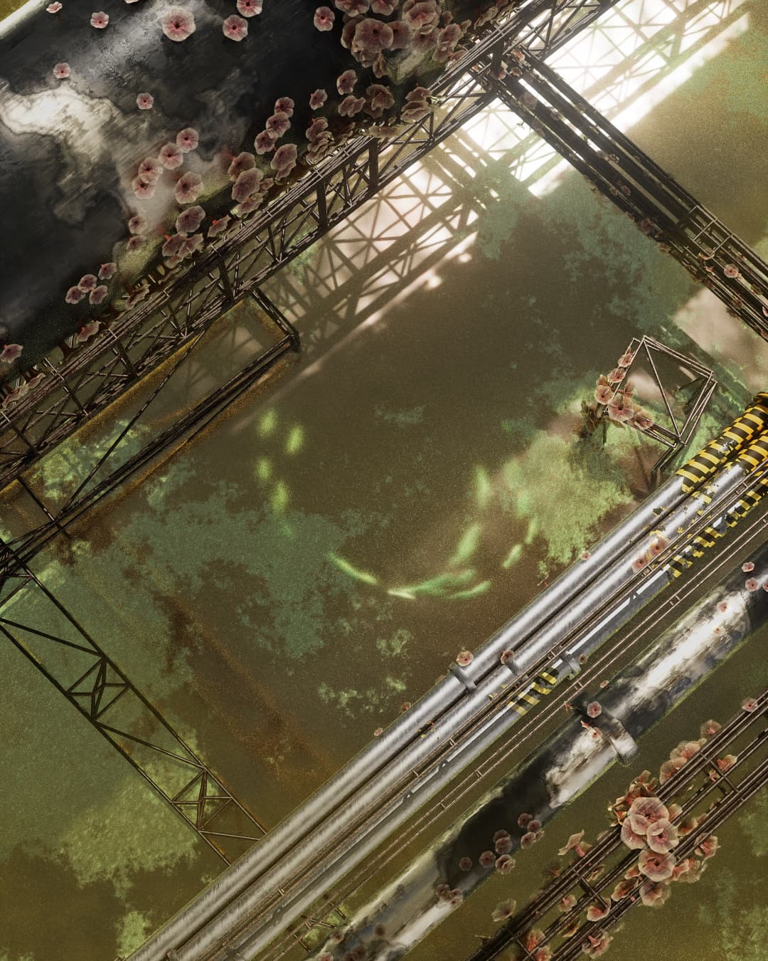 A top down CG image of piping, rigging, and green, brackish water. There is a layer of lighter green algae skimming the surface of the water. The piping runs diagonally across the image, and the pipes are in varies degrees of silver and rusted. There are semi-circular, pink and red lichen blooms growing in clusters along the pipes and rigging.