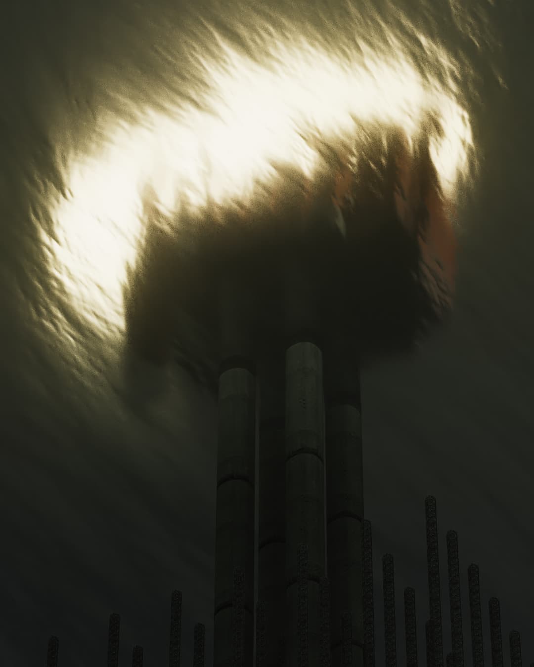 A slightly gestural image of smokestacks with flames coming out of the top. The stacks are black against a dark grey background. The flame is rendered in white with loose, linear markmaking and subtle grain.