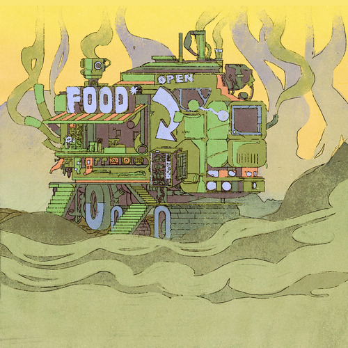 A large, mobile food truck drives through a smog-filled landscape, equipped with heavily-treaded wheels and various mechanical gadgets and antennas, underscoring the differences between Saint Lazarus and Maitake.