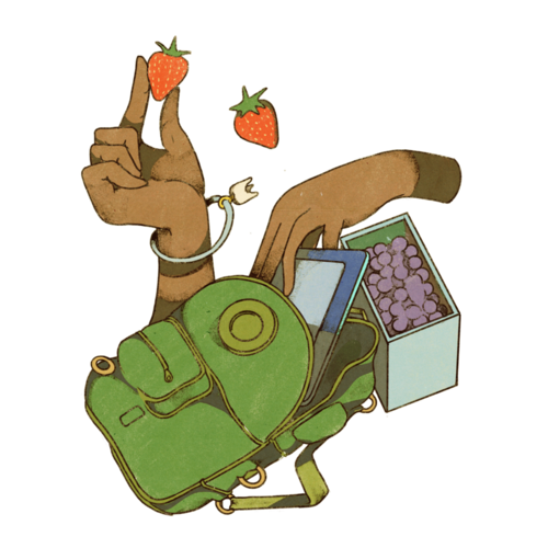 Two hands reach into a green backpack, one holding fresh strawberries while the other grasps a black tablet. A container of blueberries sits below. On one arm is a bracelet containing a single human molar.