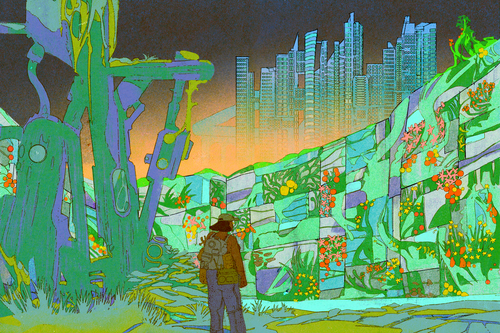 A figure stands before a wall of greenery and ruins with a cityscape in the distance, hinting at nature reclaiming human civilization.