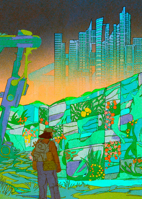 A figure stands before a wall of greenery and ruins with a cityscape in the distance, hinting at nature reclaiming human civilization.